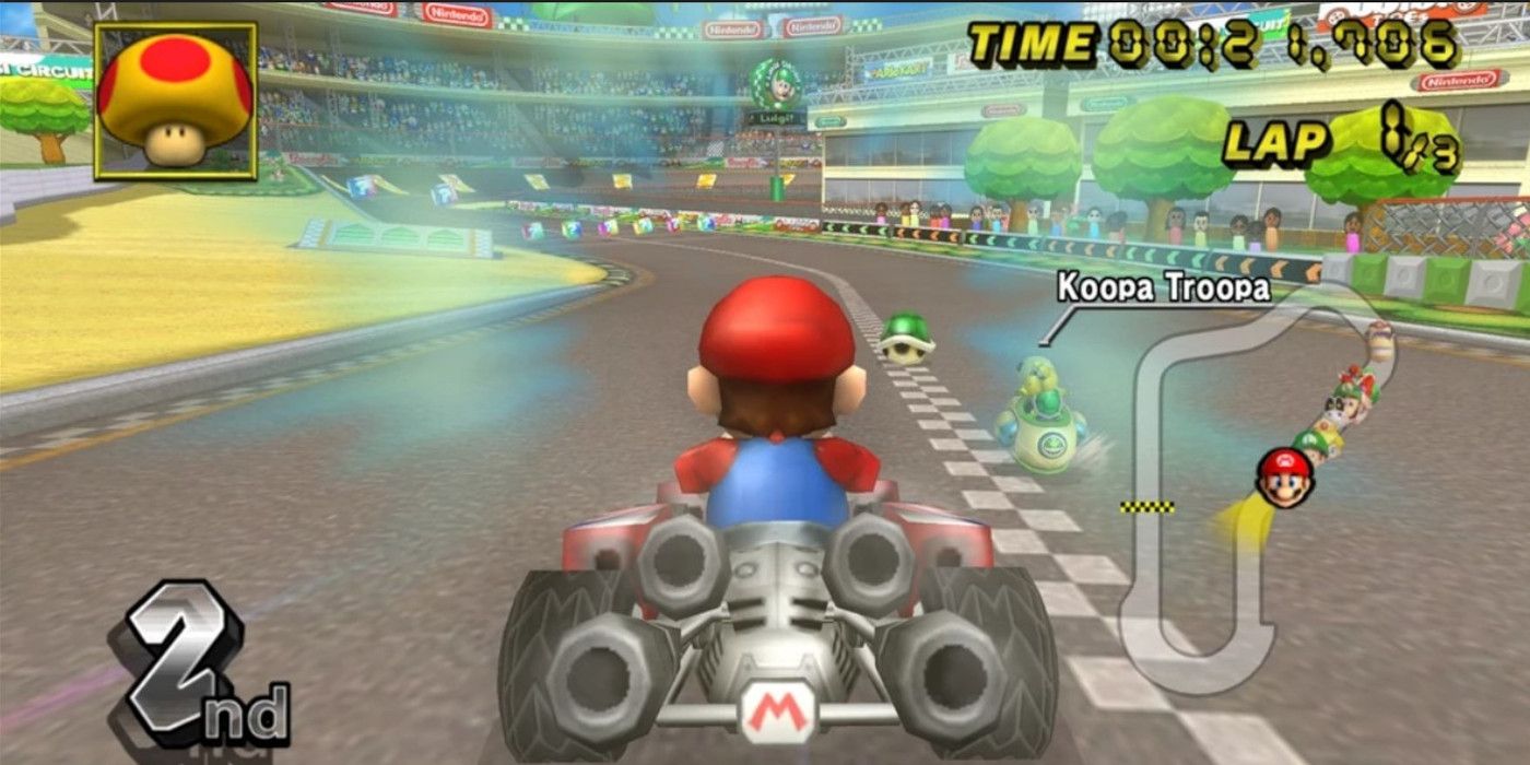 Mario in Mario Kart using the Mega Mushroom 