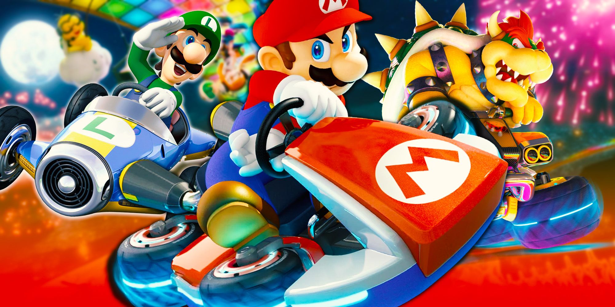 Mario, Luigi and Booster in Mario Kart 8 Deluxe on a Rainbow Road