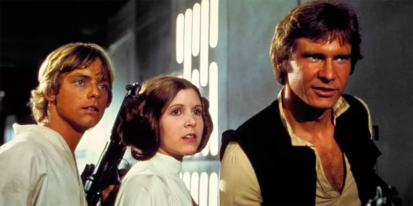 Mark Hamill como Luke Skywalker, Carrie Fisher como Princesa Leia e Harrison Ford como Han Solo em Star Wars: Episódio IV – Uma Nova Esperança.
