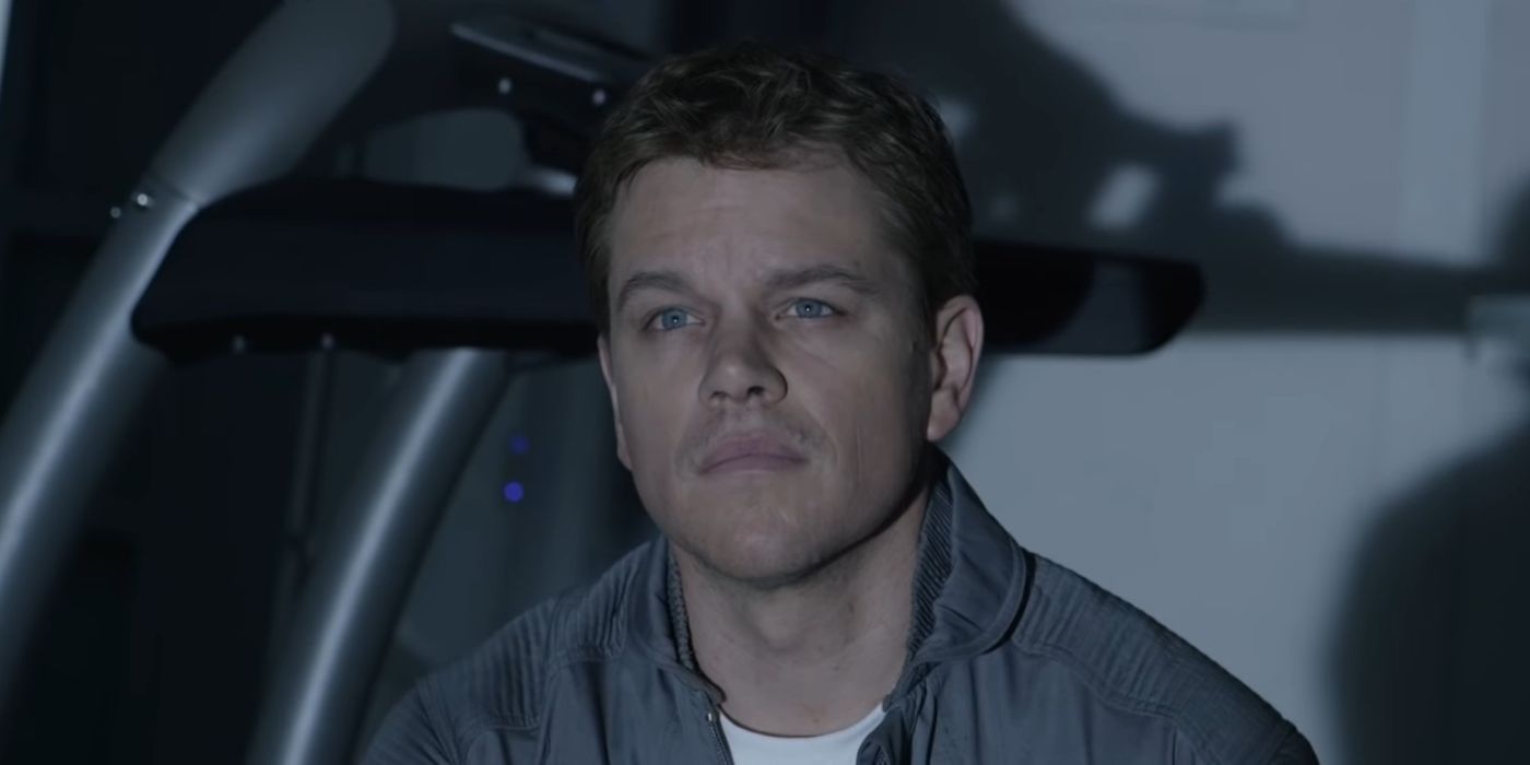 Mark Watney (Matt Damon) contemplating in the Hermes in The Martian.