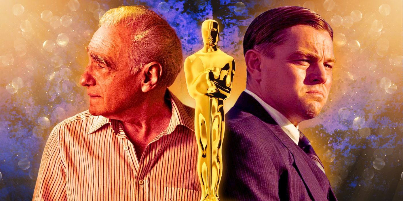 A layered image of Martin Scorsese, Leonardo Dicaprio in Killers of the Flower Moon, and an Oscar statue