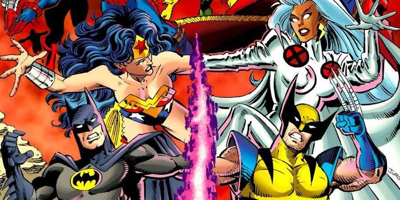 Comic book art: Wonder Woman and Batman fight Storm and Wolverine in a crossover comic.