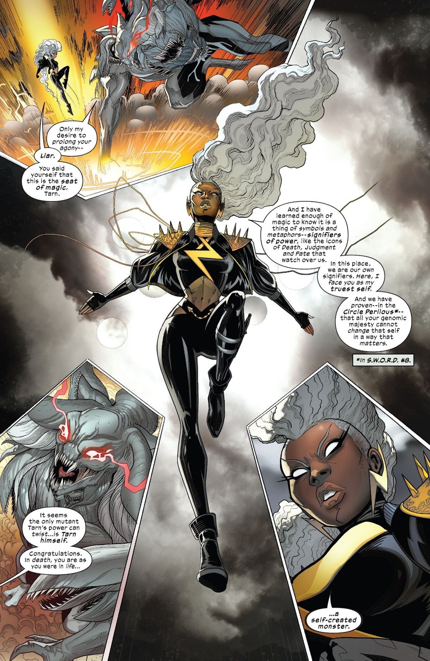 Four panels of Storm confronting Tarn in the afterlife.