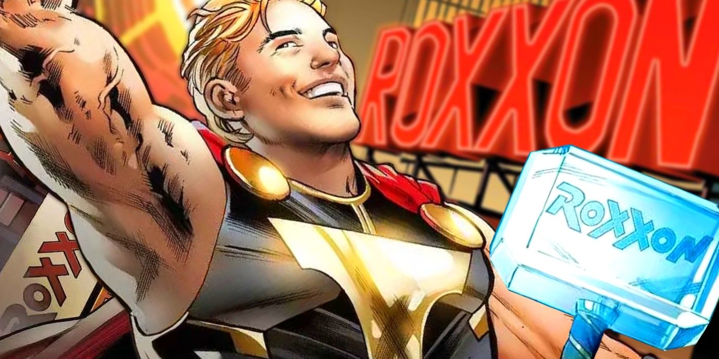 Roxxon Thor Chad Hammer wielding his Roxxon Mjolnir in front of a Roxxon neon sign