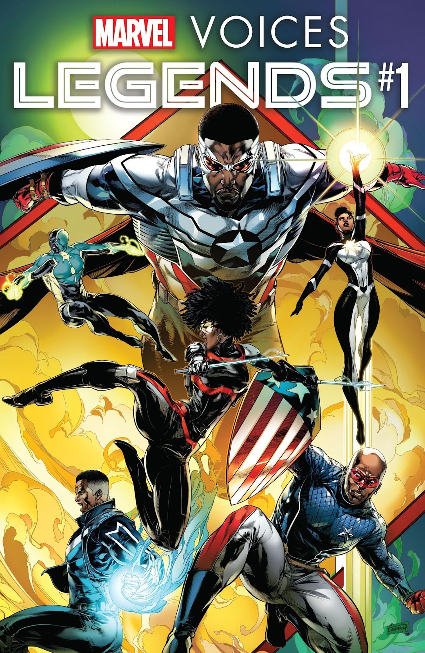 Marvel's Voices Legends Cover featuring Sam Wilson as Captain America, Eli Bradley as Patriot, and other black heroes. 