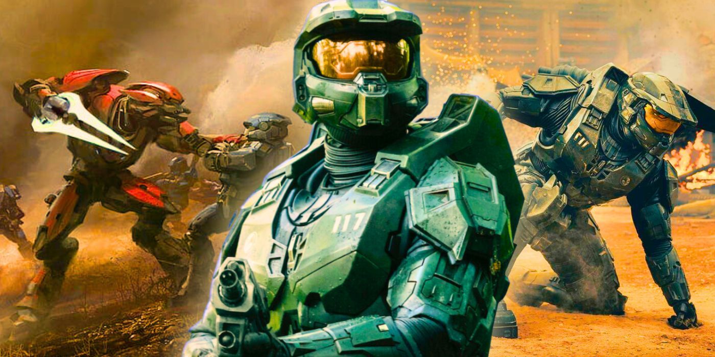 Master Chief (Pablo Schreiber) from Halo season 2 with Fall of Reach background feat. an Elite and Spartan