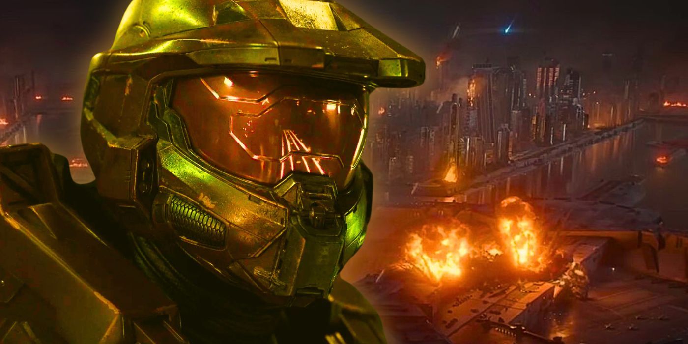 Master Chief (Pablo Shreiber) in Spartan armor with the Fall of Reach battle behind him in Halo season 2