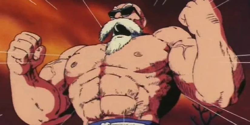Master Roshi prepares to unleash a Kamehameha by going extremely buff and screaming in the original Dragon Ball