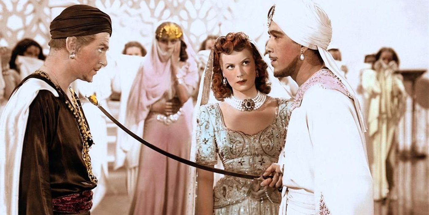 Maureen O'Hara, Anthony Quinn e Douglas Fairbanks Jr. em Sinbad, o Marinheiro, de 1947