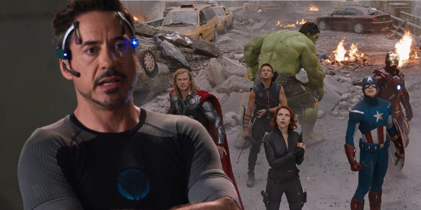 Split image of Robert Downey Jr. as Tony Stark in Iron Man 3 and Thor, Hawkeye, Hulk, Black Widow, Captain America, and Iron Man in The Avengers