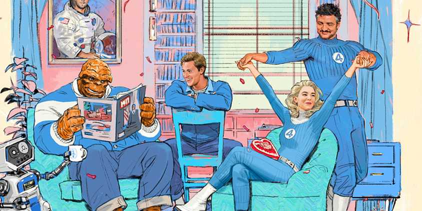 MCU image of Marvel's Fantastic Four, with Pedo Pascal, Joseph Quinn, and Vanessa Kirby imposed onto the art