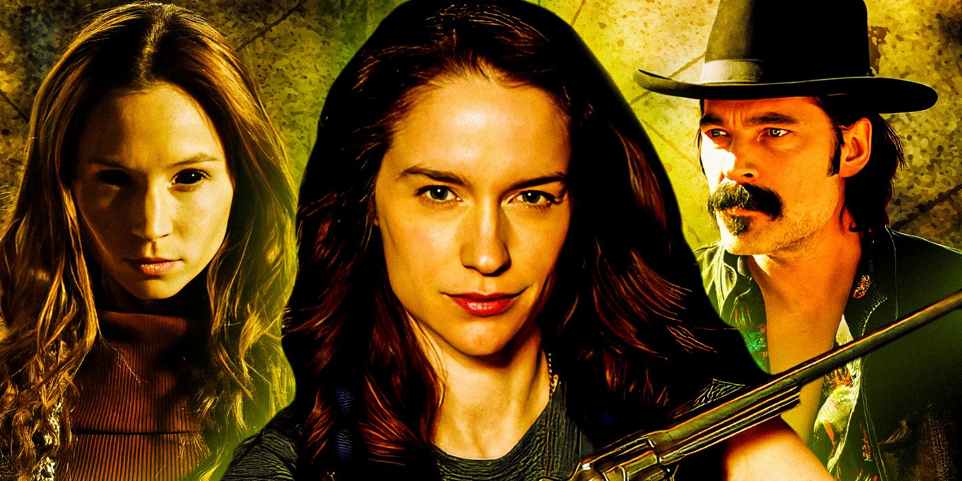 Melanie Scrofano as Wynonna Earp, Tim Rozon as Doc Holliday, and Dominique-Provost-Chalkley as Waverly Earp from Wynonna Earp