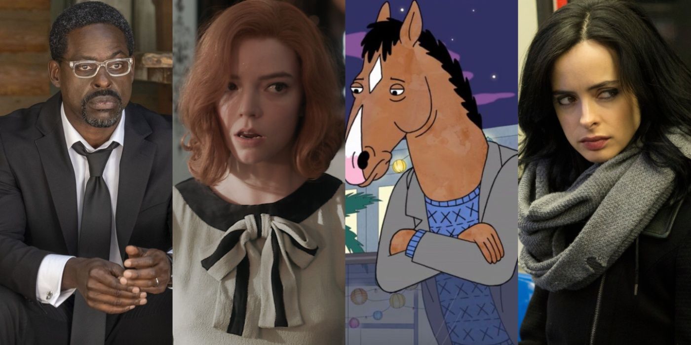 Side by side images depict Randall in This Is Us, Beth in The Queen's Gambit, Bojack in Bojack Horseman, and Jessica in Jessica Jones