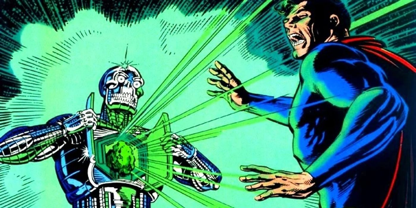 Arte em quadrinhos: Metallo atacando Superman com criptonita.