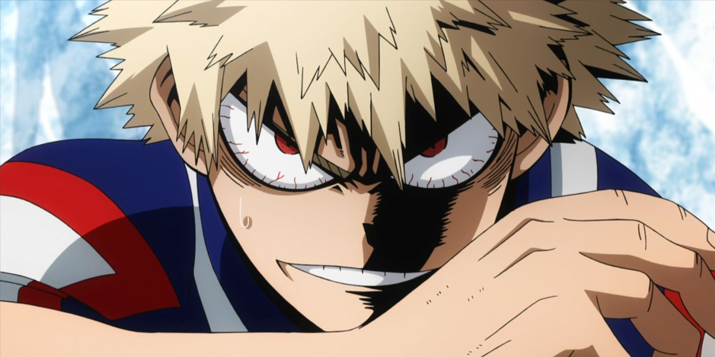 My Hero Academia: Bakugo in the Sports Festival making a determined expression while holding his hand close to his face.
