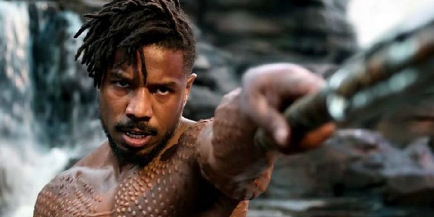 Michael B. Erik as Killmonger  Jordan points the spear at Chadwick Boseman off-screen as T'Challa/Black Panther in Black Panther.