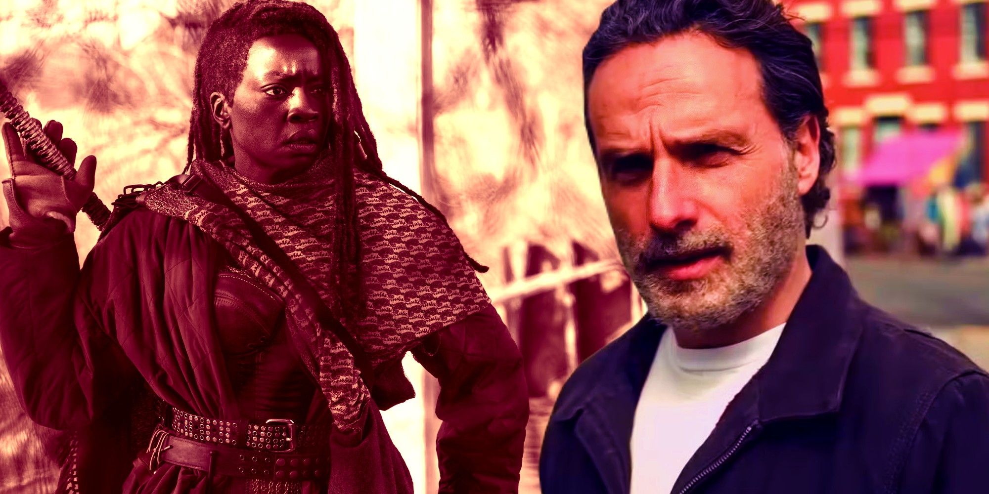 Michonne (Danai Gurira) agarrando sua espada e Rick (Andrew Lincoln) na República Cívica em The Ones Who Live