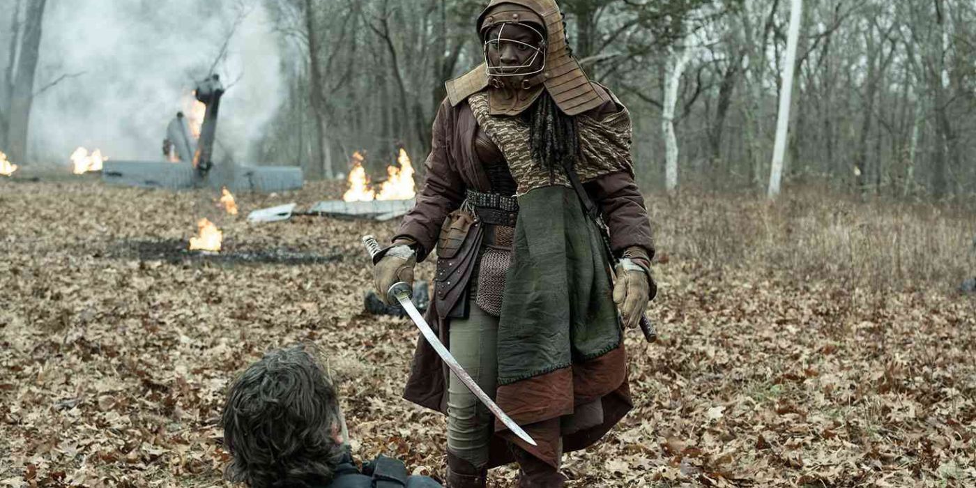 Michonne (Danai Gurira) in makeshift samurai armor finds Rick (Andrew Lincoln) in The Walking Dead: The Ones Who Live.