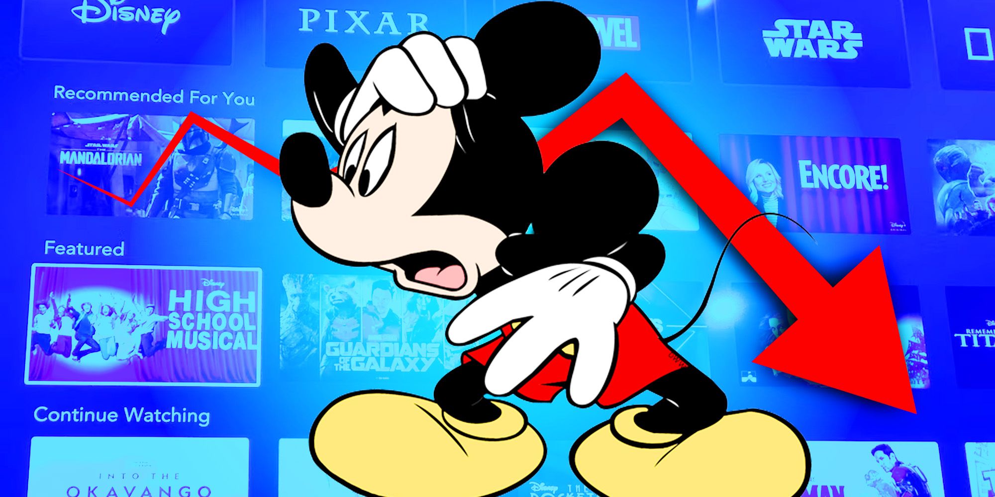 Mickey Mouse looking scared with a downward arrow