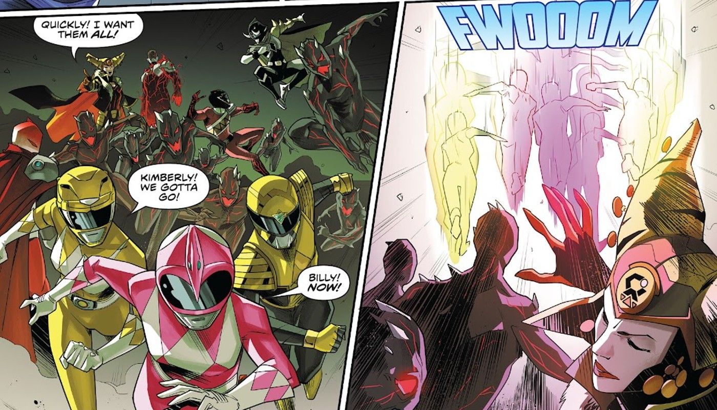   painéis de Mighty Morphin Power Rangers #116, Rangers vs Dark Spectre e Mistress Vile 