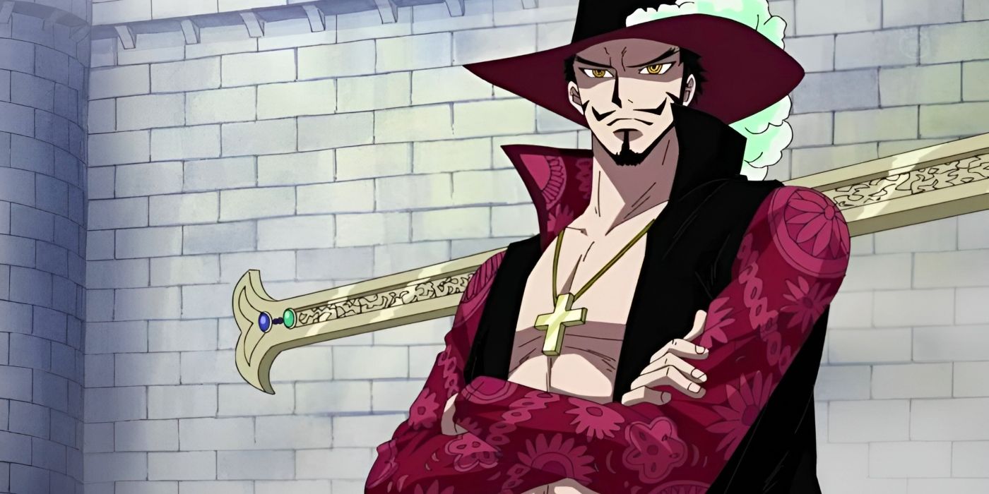 Dracule Mihawk stands with his arms crossed in Marineford from One Piece.