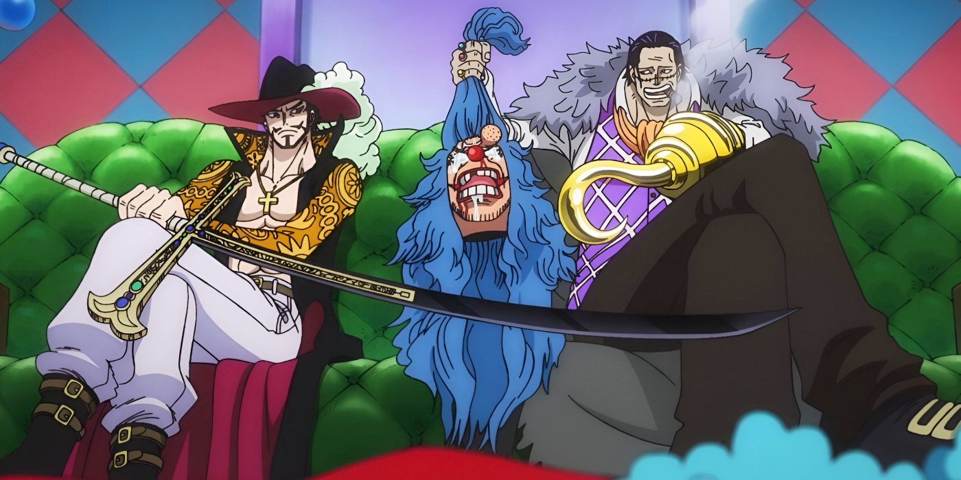 Mihawk and Crocodile decide to use Buggy as a figurehead for the Cross Guild in One Piece.