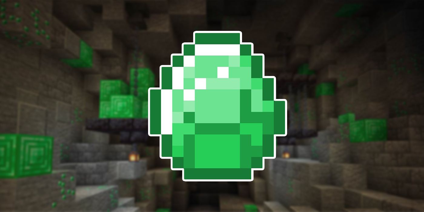 Minecraft Green Emerald On Cave Background With Emerald Blocks, Emerald Ore And Lanterns