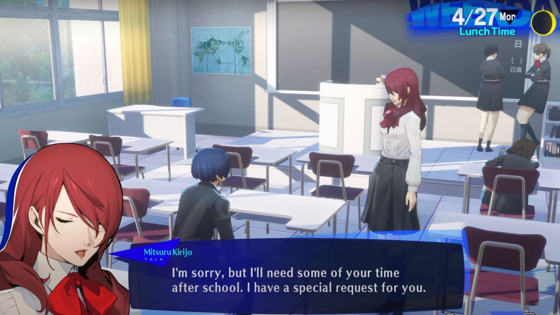 Mitsuru speaking with Makoto in Persona 3 Reload in the middle of class