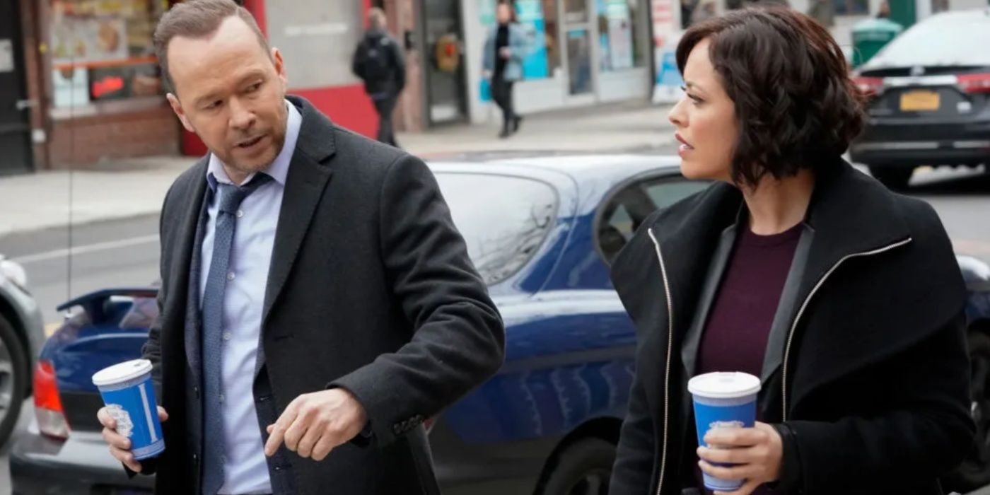Danny (Donnie Wahlberg) and Baez (Marisa Ramirez) with coffee in Blue Bloods