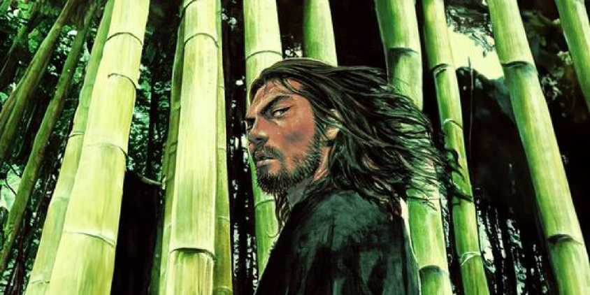 Miyamoto Musashi in front of bamboo trees in a full color illustration by Takehiko Inoue.