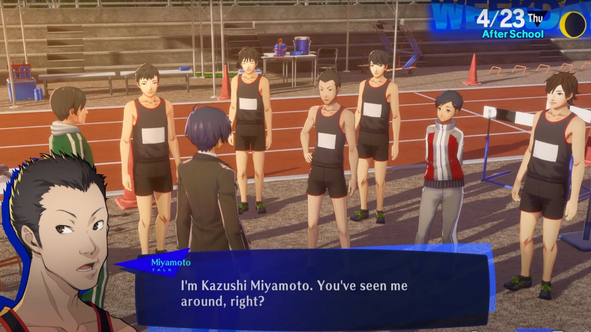 Miyamoto speaking with Makoto in Persona 3 Reload during a Track Team practice