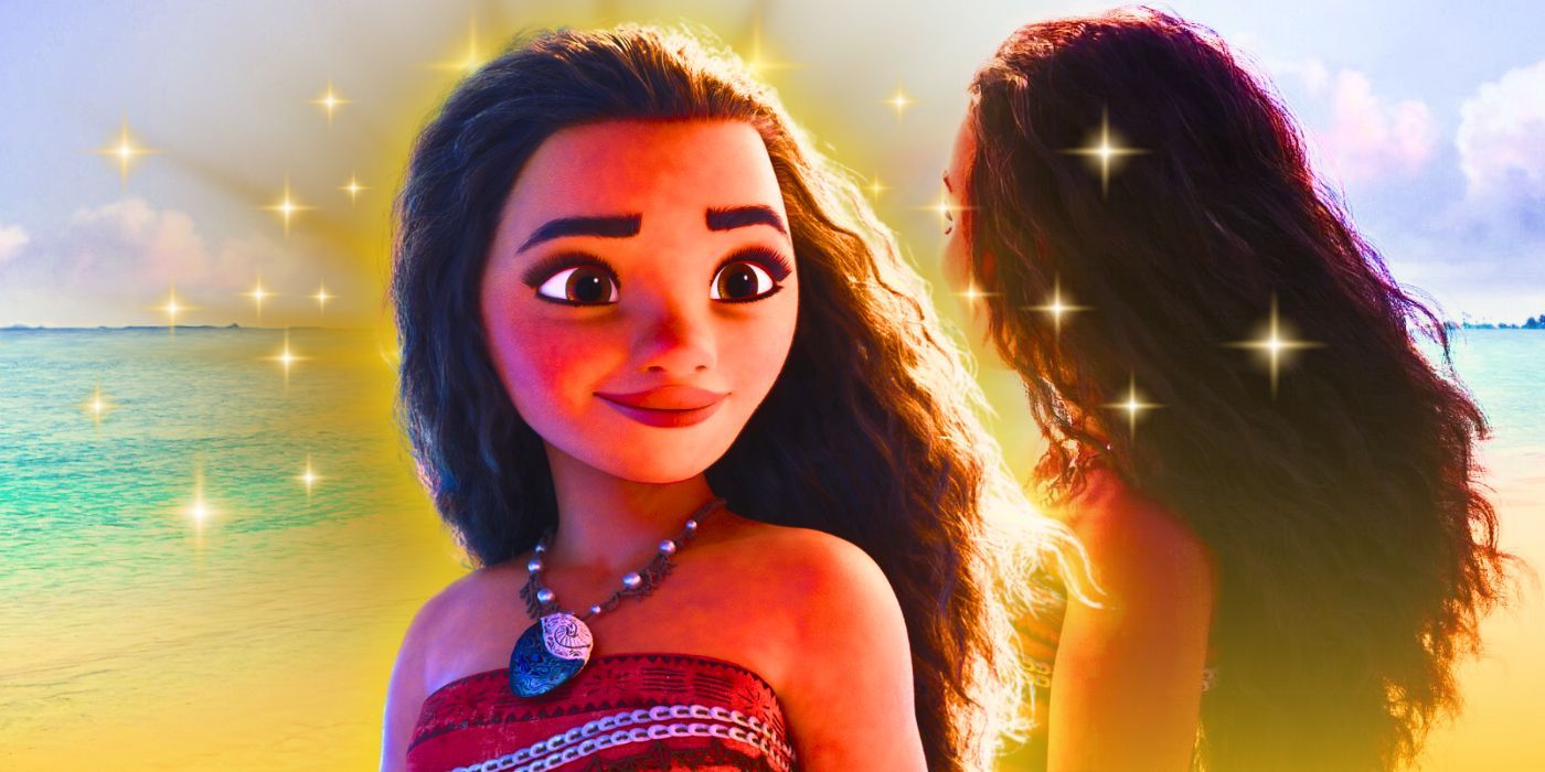 A composite image of Moana smirking with Moana standing on the beach in the first movie.