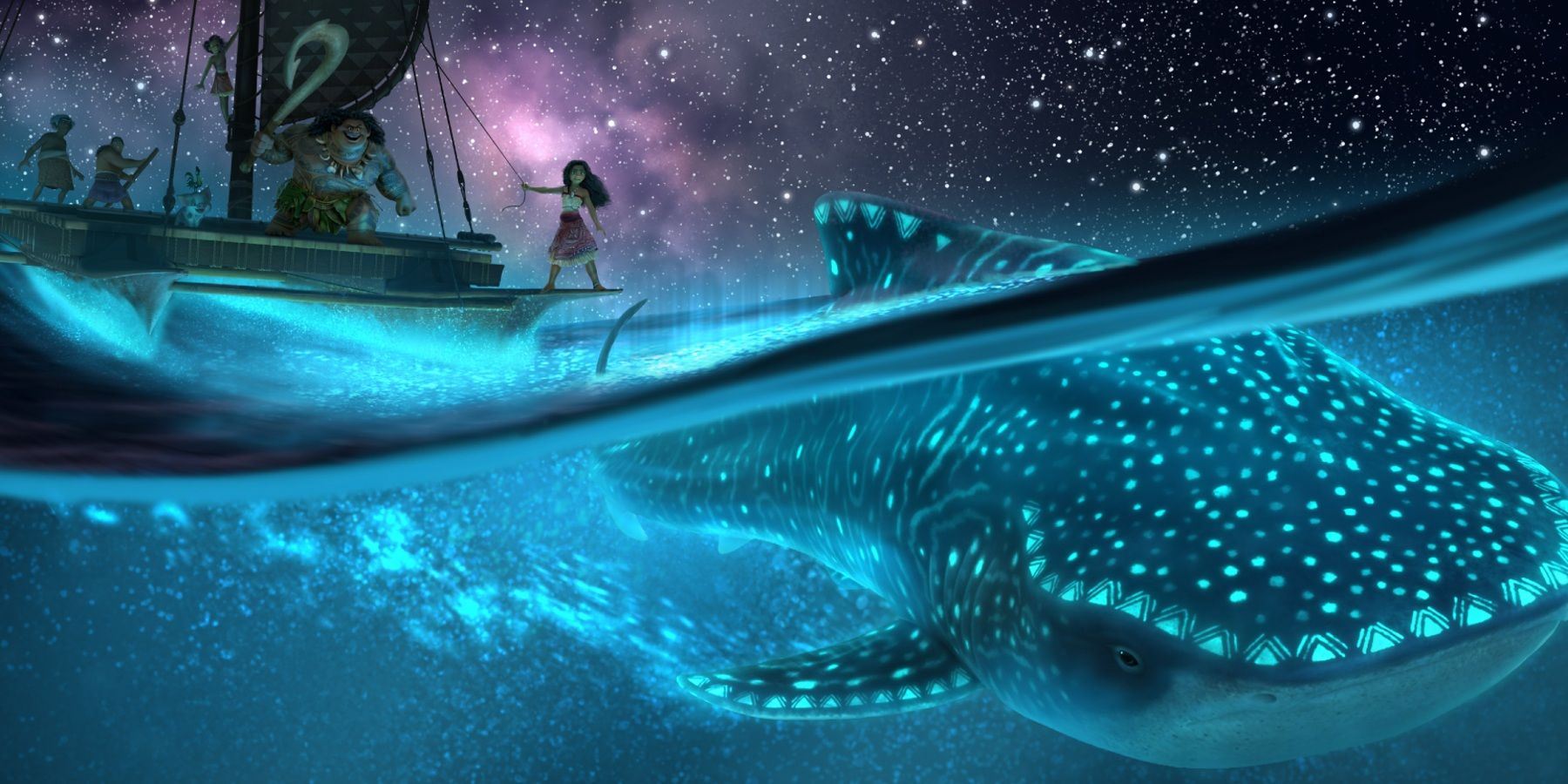 Moana and Maui on a boat as a whale passes beneath them in Moana 2