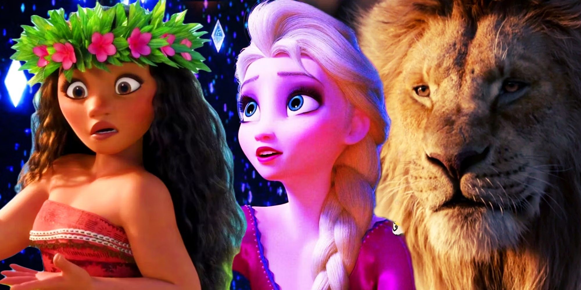 Moana, Frozen, and The Lion King from Disney