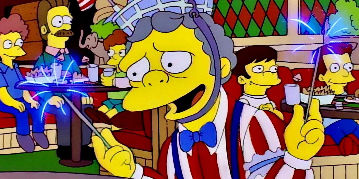 Moe in his Moe's Family Feedbag uniform holding sparklers trying to smile in The Simpsons