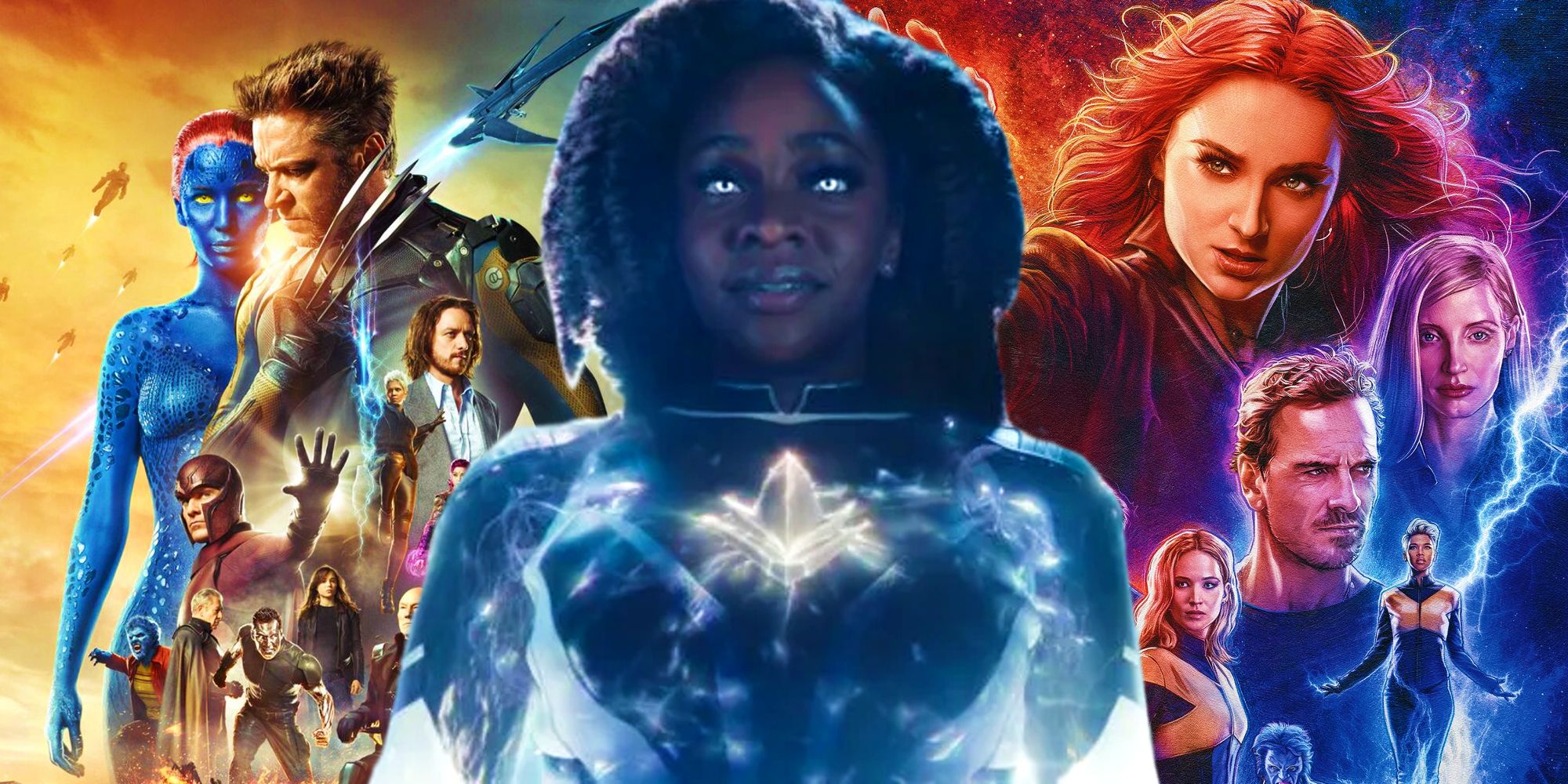Monica Rambeau from The Marvels between posters for the Fox X-Men movies