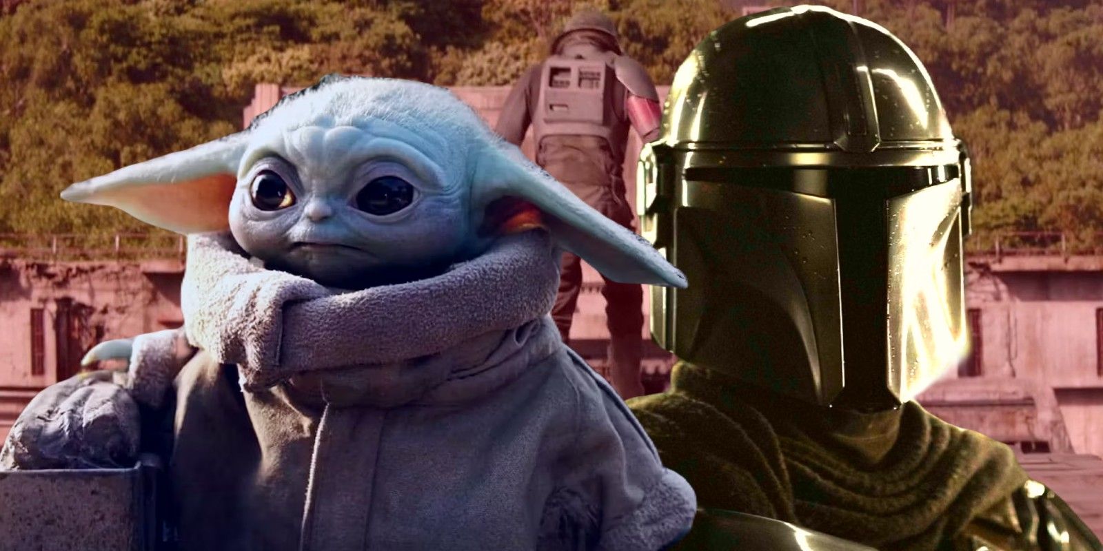 Grogu and Din Djarin in front of an armored figure and the Imperial remnant base on Morak in The Mandalorian season 2 episode 7