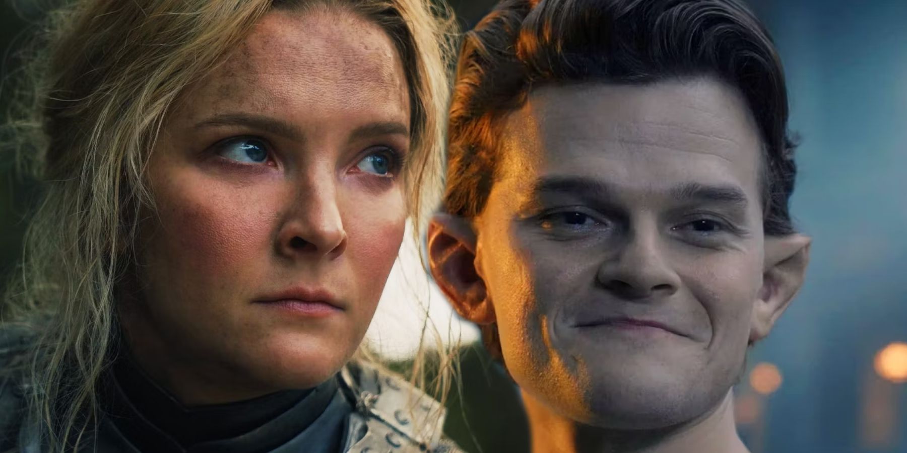 Morfydd Clark as Galadriel looking serious and Robert Aramayo as Elrond looking down while smiling in The Rings of Power