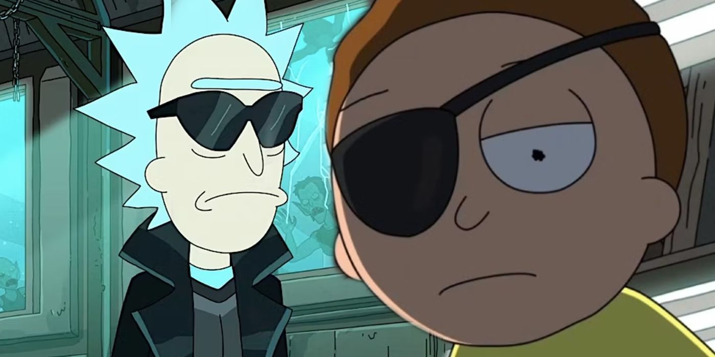 Morty and Rick dressed as Blade and Evil Morty looking down in Rick and Morty season 7
