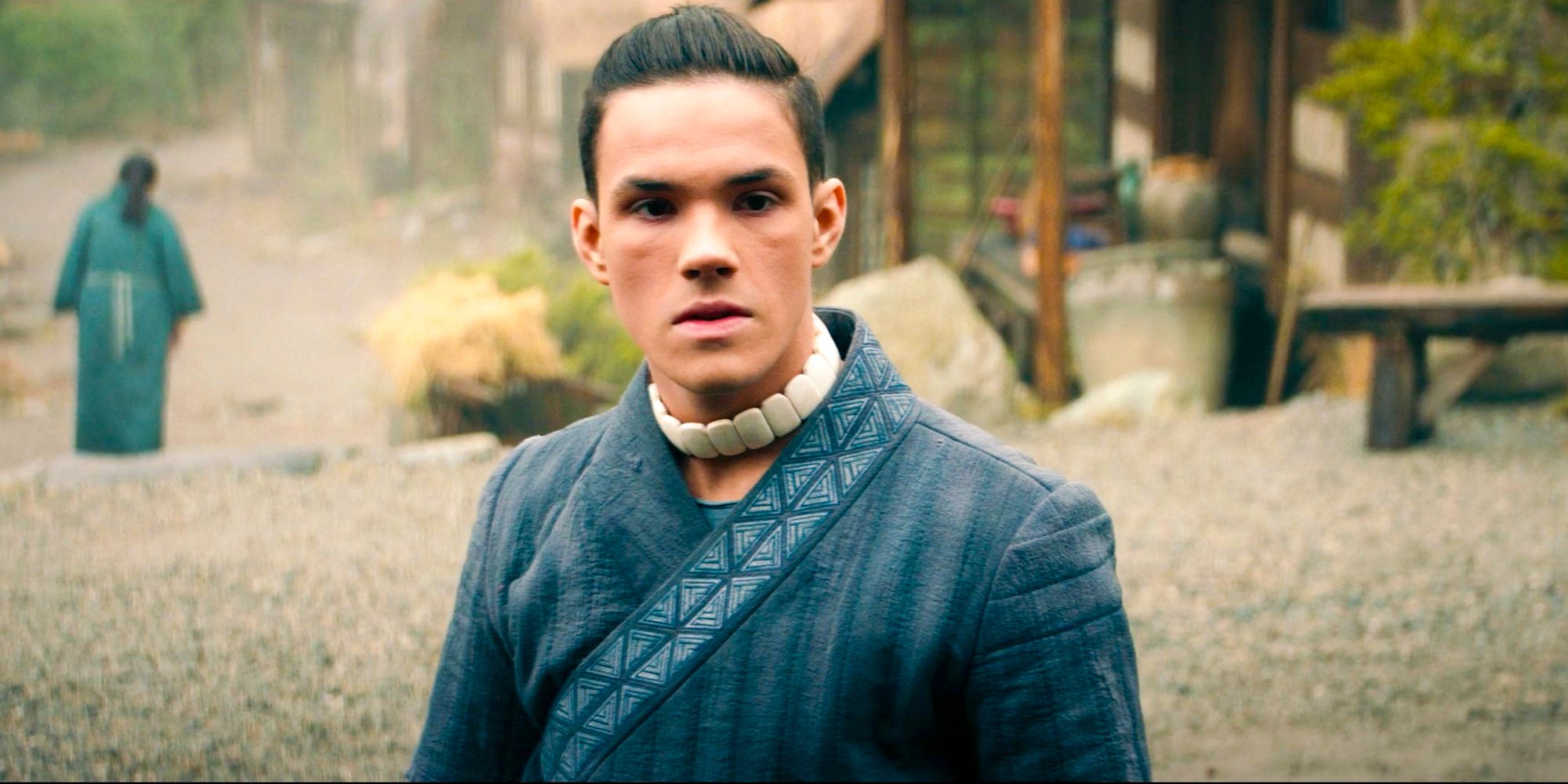 Ian Ousley as Sokka looking tense on Kyoshi Island on Netflix's Avatar: The Last Airbender