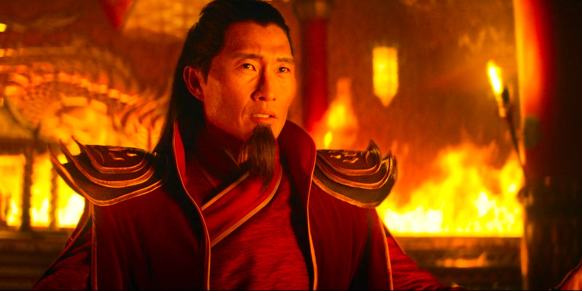 Fire Lord Sozin from Avatar the last airbender close up fire throne on the background Daniel Dae Kim as Fire Lord Ozai