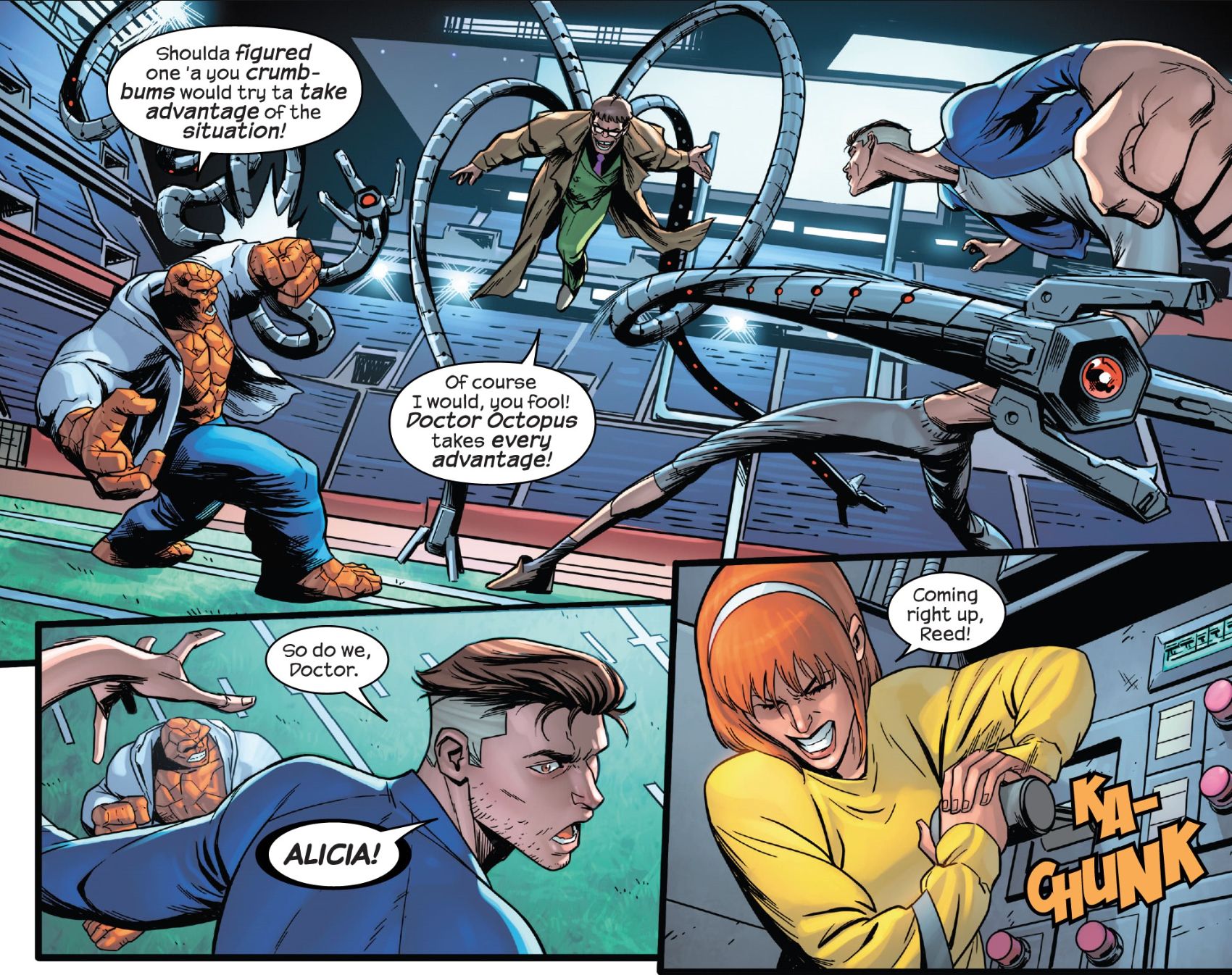 Mr Fantastic, The Thing, and Alicia square off against Doctor Octopus in an empty football field. At Reed's signal, Alicia throws the switch on a heavy piece of machinery.