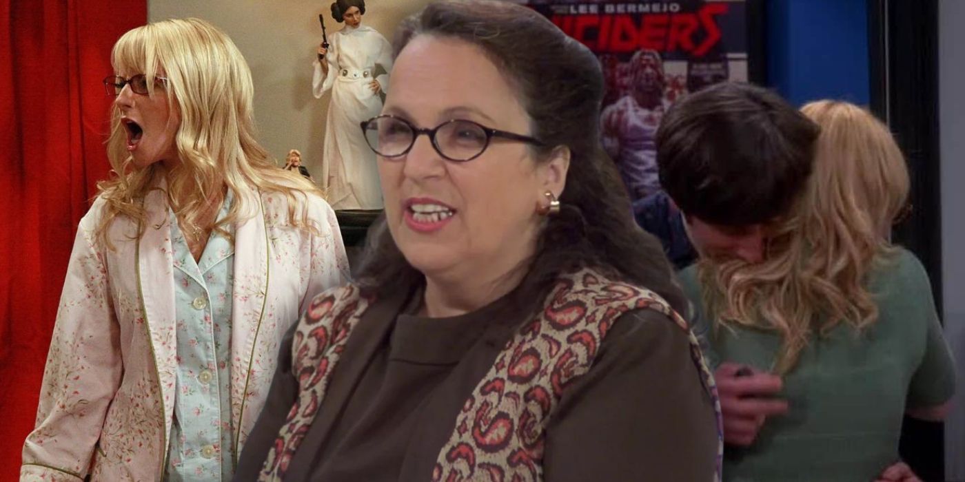 A collage image of actress Carol Ann Susi, who voiced Mrs Wolowitz, beside Bernadette and Howard in the Big Bang Theory