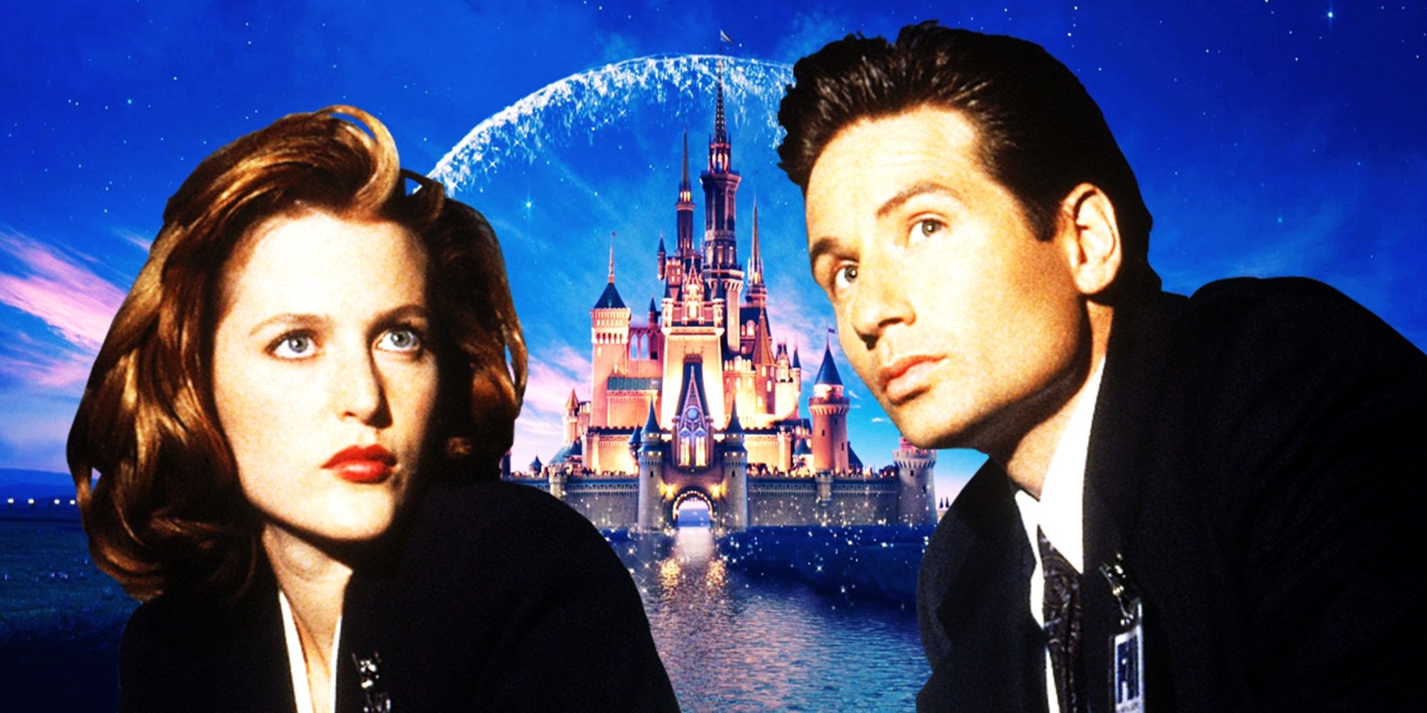 Mulder and Scully from The X-Files imposed on the Disney logo