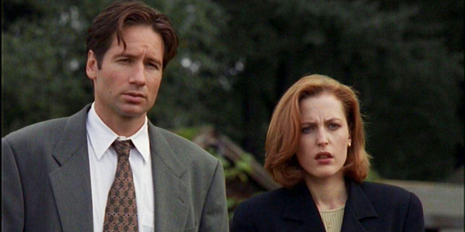 Mulder (Gillian Anderson) and Scully (David Duchovny) looking confused in The X-Files