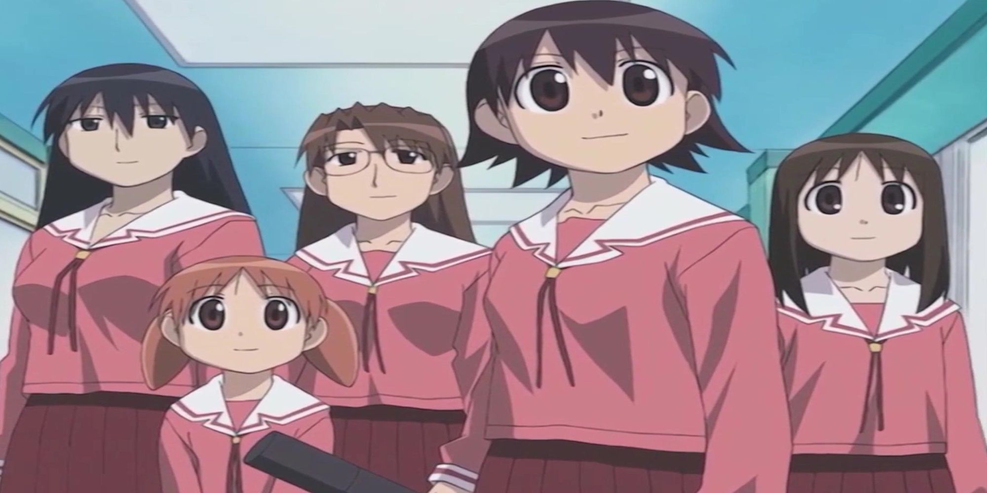 The cast of Azumanga Daioh standing together in their school uniforms.