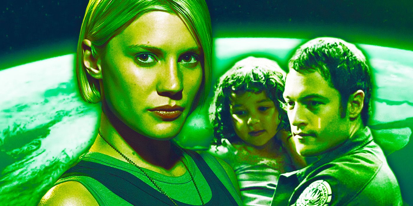 This image shows Starbuck, Hera, and Agathon from Battlestar Galactica in front of Earth.