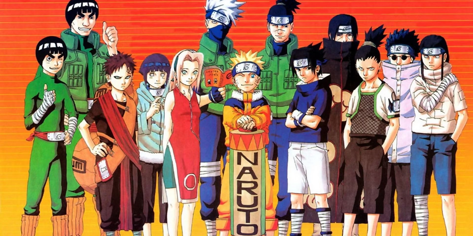 Elenco de Naruto Parte 1 posa contra um fundo gradiente laranja.