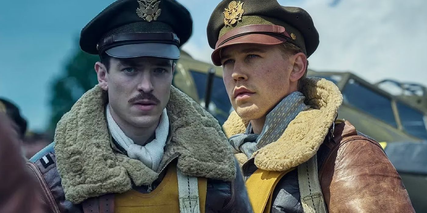 Nate Mann as Robert Rosie Rosenthal looking serious and Austin Butler as Gale Buck Cleven standing in front of a plane in Masters of the Air.