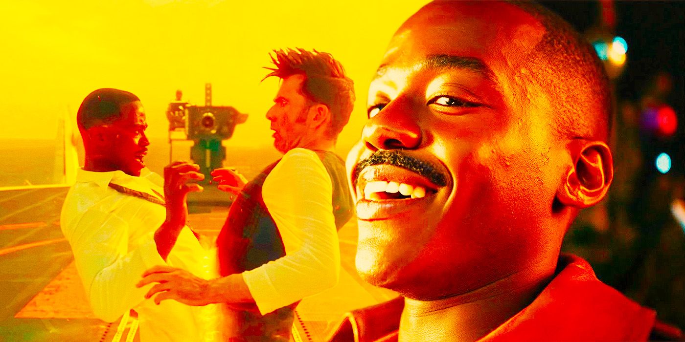 Ncuti Gatwa as the Fifteenth Doctor blended with an image of the bi-Generation scene in Doctor Who